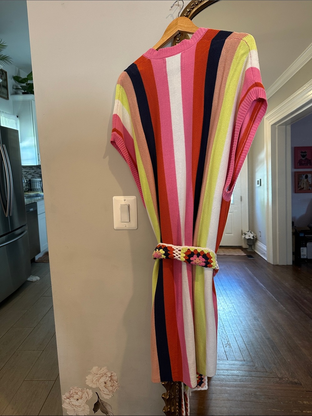 Striped Knit Duster with Crochet Belt - Multicolor - Picture 5 of 6